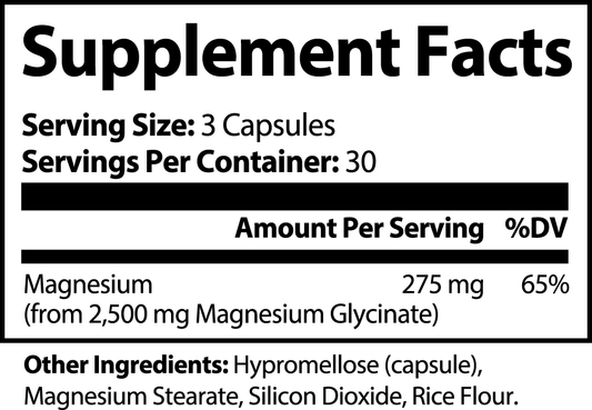 Supplement facts for magnesium glycinate showing 275 mg magnesium per serving and other ingredients listed.