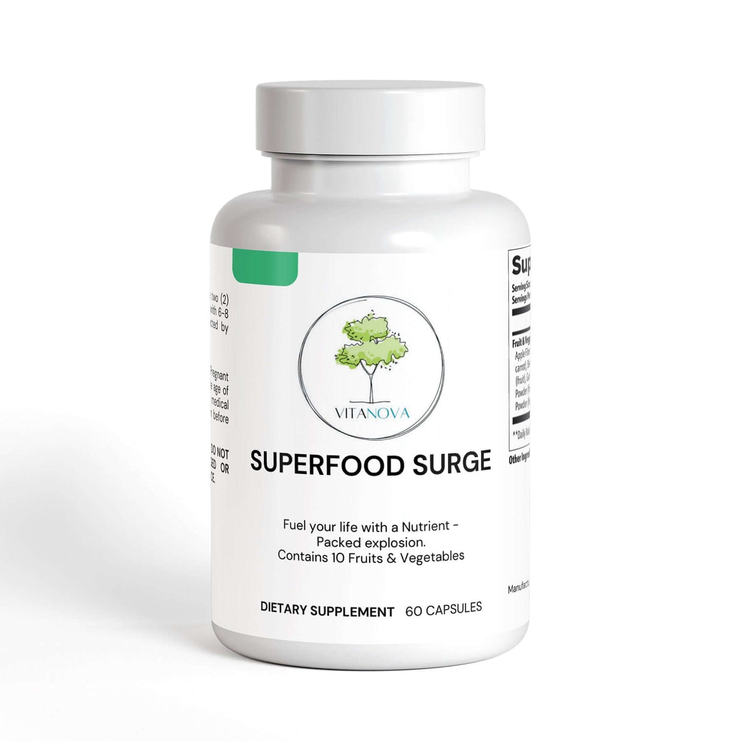 Superfood Surge supplement bottle promoting digestive health and antioxidant wellness with a blend of natural ingredients.
