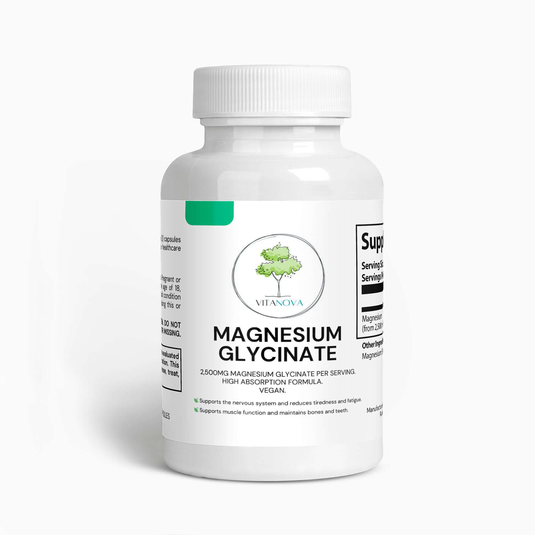Vitanova Magnesium Glycinate supplement bottle, 250mg per serving, high absorption formula, vegan-friendly.