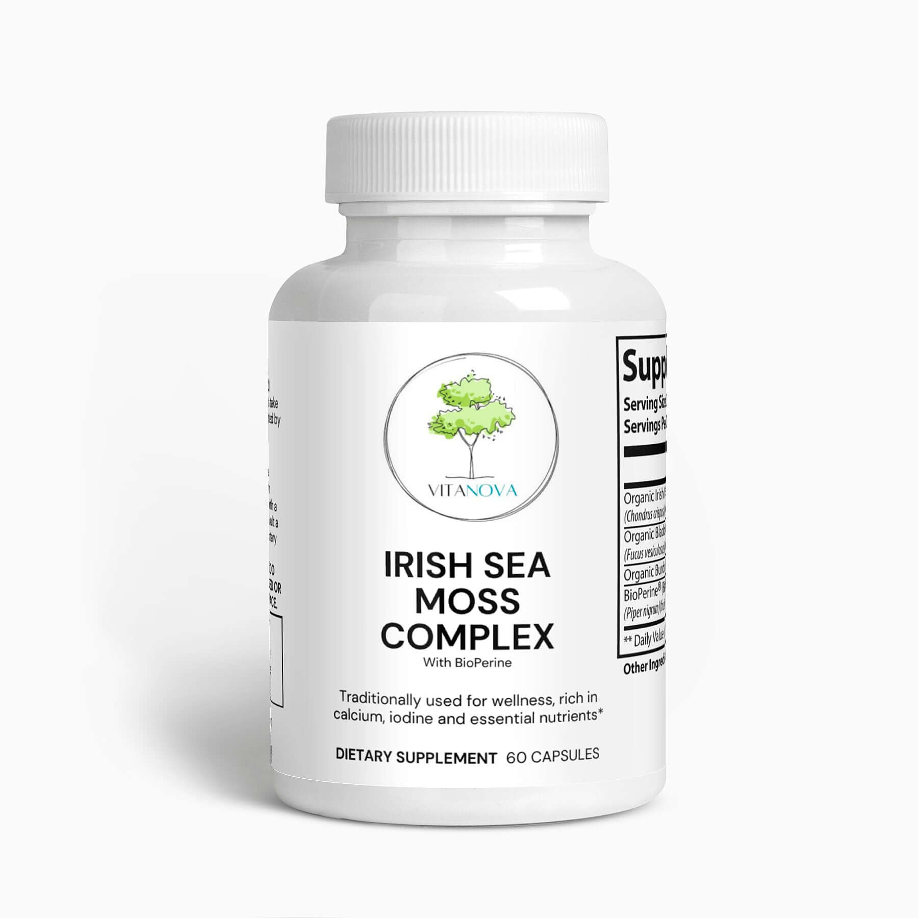 Organic Irish Sea Moss Complex dietary supplement in a white bottle with 60 capsules for immune support and wellness.