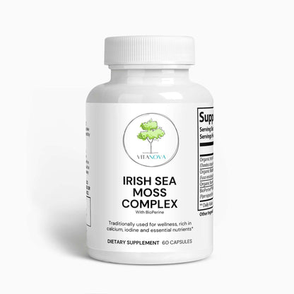 Organic Irish Sea Moss Complex dietary supplement in a white bottle with 60 capsules for immune support and wellness.