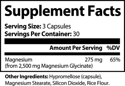 Supplement facts for magnesium glycinate showing 275 mg magnesium per serving and other ingredients listed.