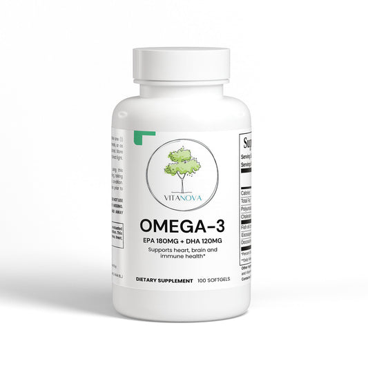 A bottle of Vitanova Omega-3 dietary supplement softgels, with the label showing EPA 180mg and DHA 120mg.