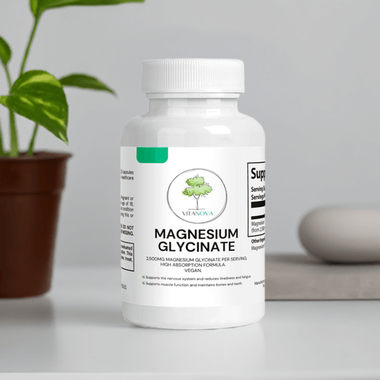 Magnesium Glycinate supplement bottle, featuring 250mg per serving for enhanced relaxation and bioavailability.